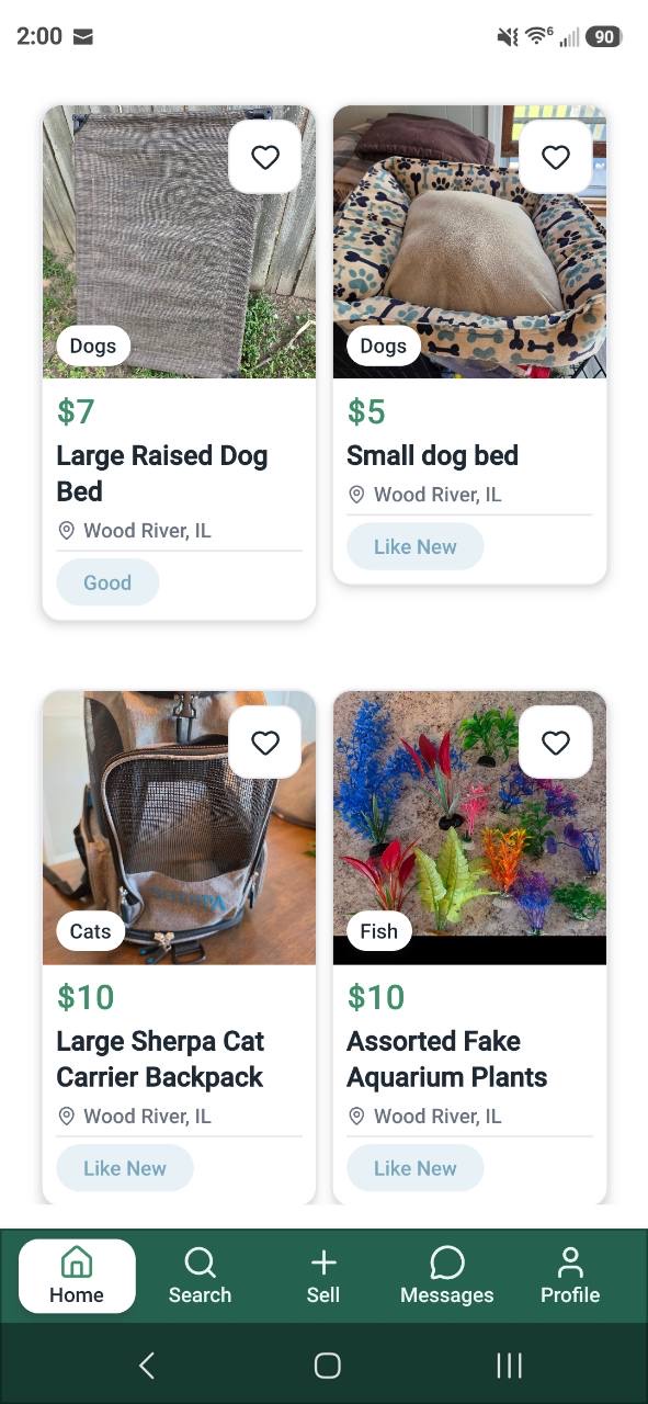 ReTail marketplace listings for secondhand pet supplies.