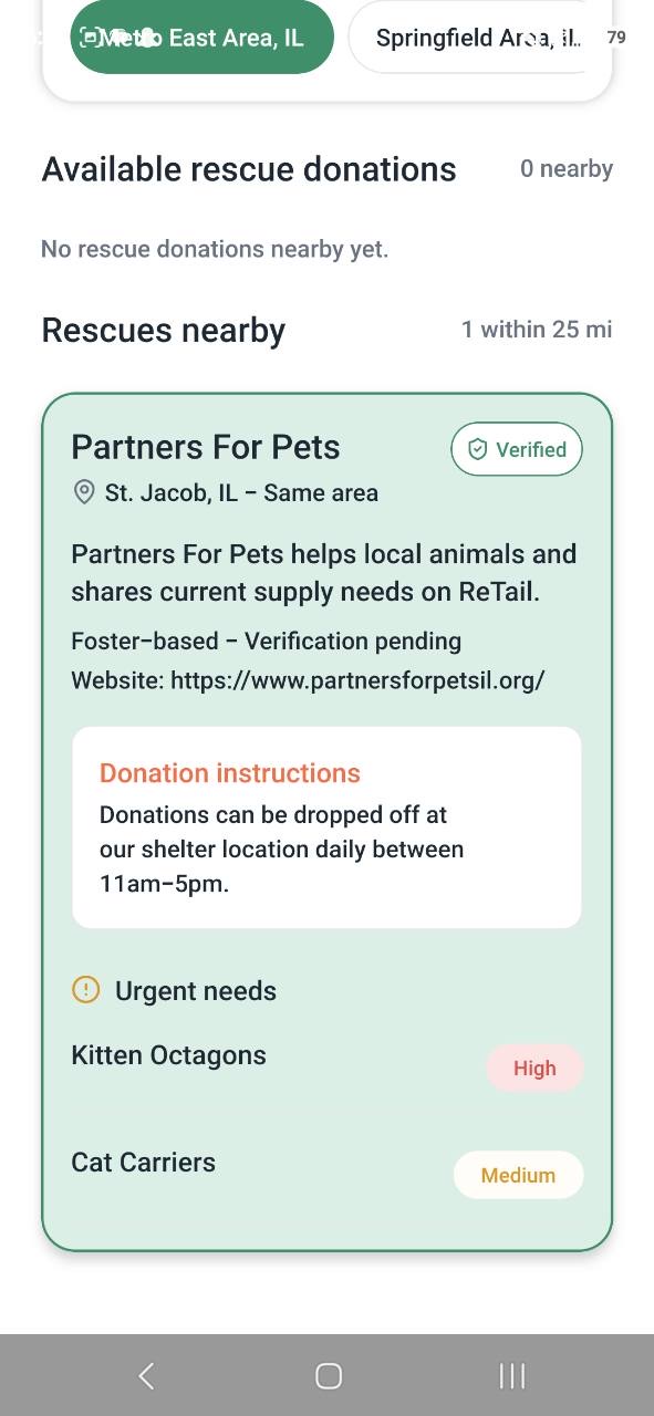 ReTail Rescue Hub showing a verified local rescue and urgent supply needs.